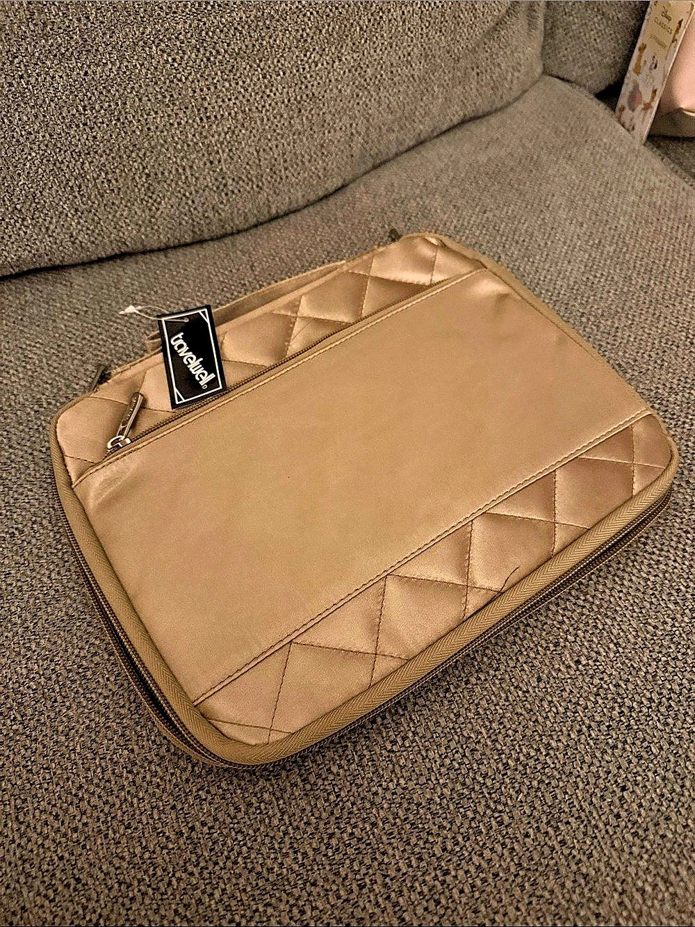 Quilted Plaid Cosmetic Travel Case in Brown